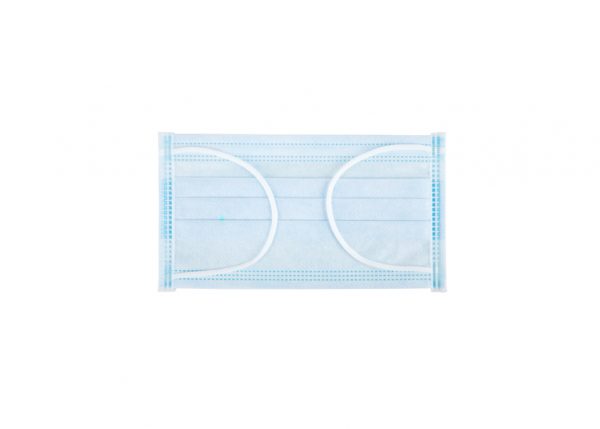 Maska ochronna medyczna z włókniny o wymiarach 17×9,5 cm, niebieska z gumkami.