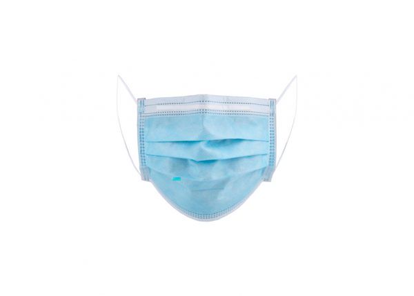 Maska ochronna medyczna z włókniny o wymiarach 17×9,5 cm, niebieska z gumkami.
